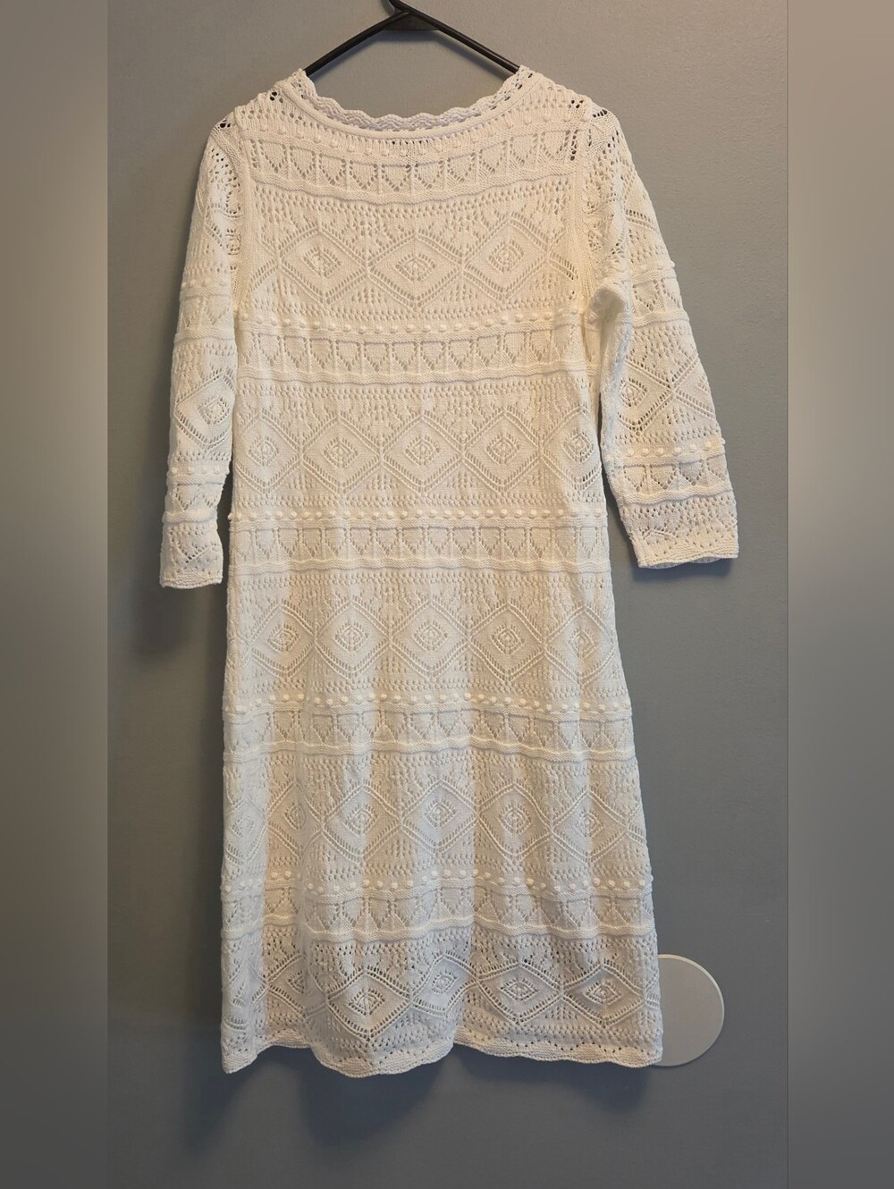 Talbots Petite Sweater Dress Medium White Crochet Midi Coastal Chic Boho Cottage - Picture 5 of 5